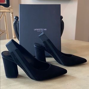 NIB LAFAYETTE 148 BLACK SUEDE SLING BACK HEELS
